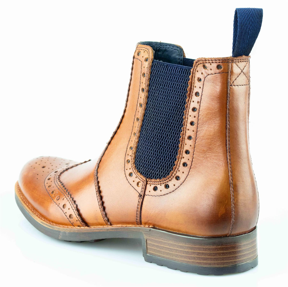 Men's Tan Burnished Softie Leather Brogue Chelsea Boots