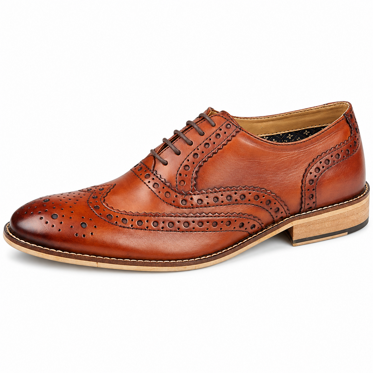 Men's Smart Leather Lace Up Oxford Brogue Shoes in Conker Brown and Tan