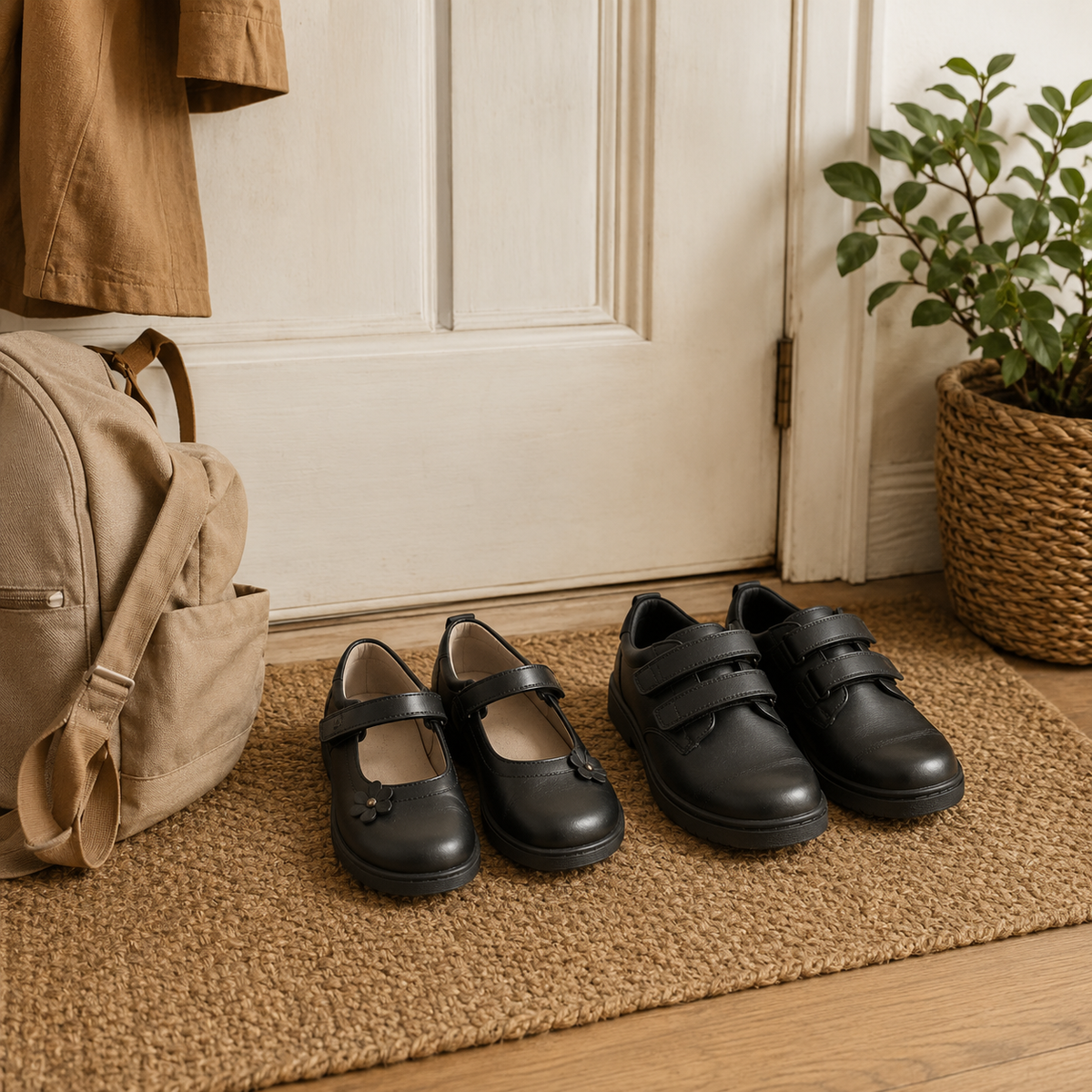 Kids'/children's black school shoes, one flat with a bow and one with two straps